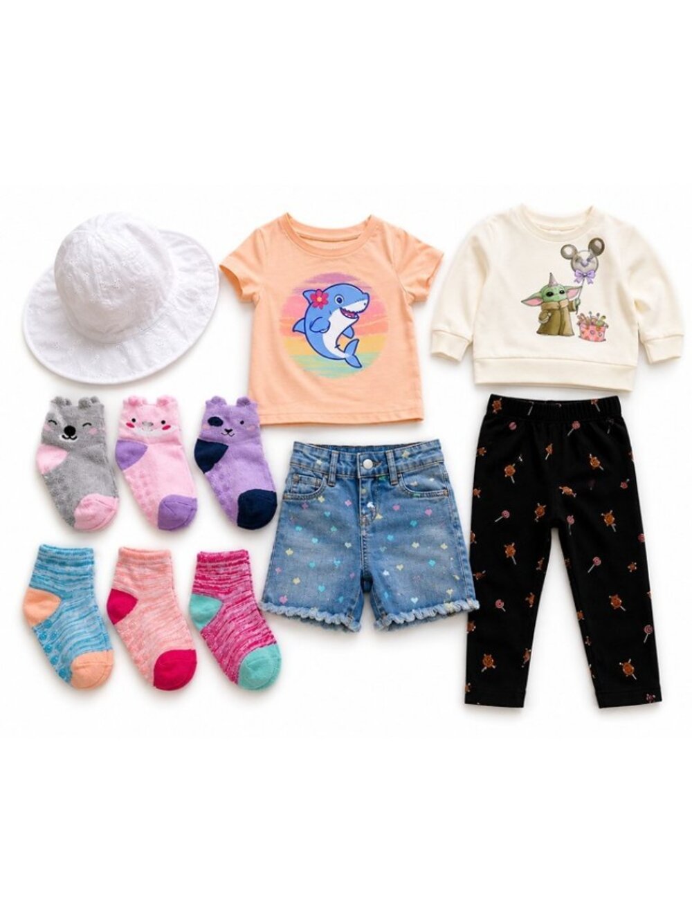 12M Baby Girl Clothing Bundle 5 Piece Outfit Lot + Socks & Sun Hat